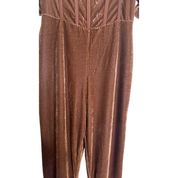 PrettyLittleThing Size 0 Brown Velvet Jumpsuit Ruffle Sleeves Lace-Up Detail NWT - Picture 7 of 16